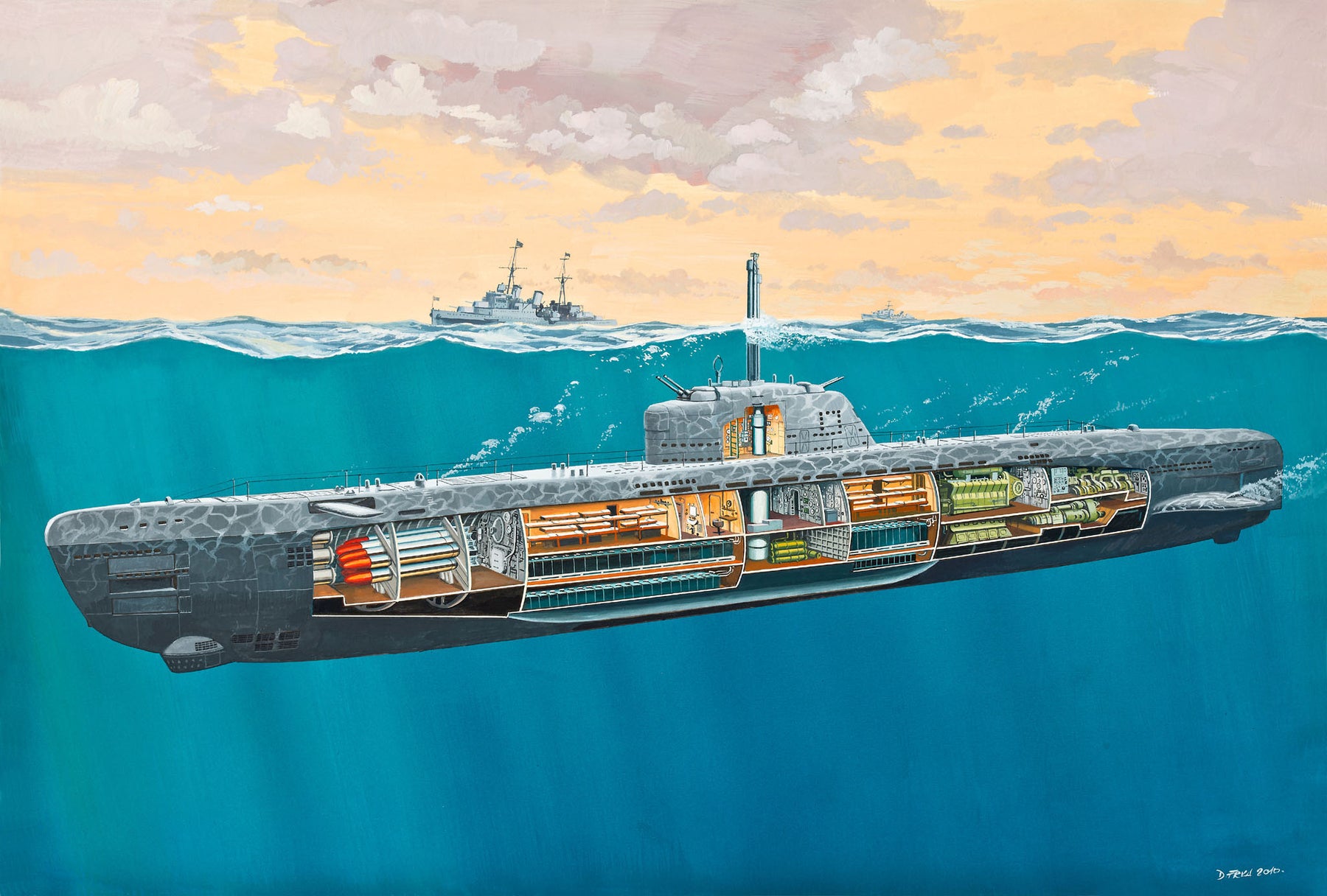 German submarine Type XXI with interior